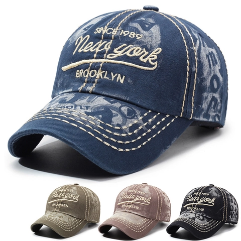 Vintage Washed Cotton Baseball Cap Distressed Letter Embroidery New York Brooklyn Unisex Adjustable Outdoor Sun Hat