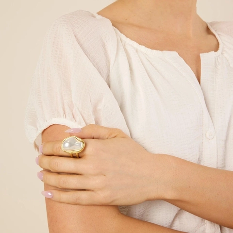 Barok Imitatie Kunstparel Roestvrijstalen Ring En Oorbellen Onregelmatig Verguld Minimalistische Niche Sieraden Voor Vrouwen