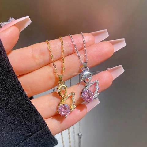 Schwan Anhänger Halskette Titanstahl Kupfer Rosa Runder Zirkonia Mikro Eingelegt Elegant Schmuck Für Frauen