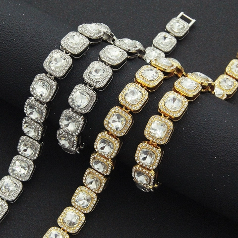 Men Hip Hop Cuban Link Necklace And Bracelet Zinc Alloy Square Rhinestone Iced Out Streetwear Jewelry