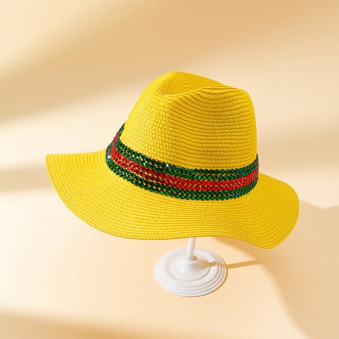 Chapeau Fedora En Paille Pliable Avec Strass Colorés Protection Solaire Été Plage Jazz Unisexe Respirant