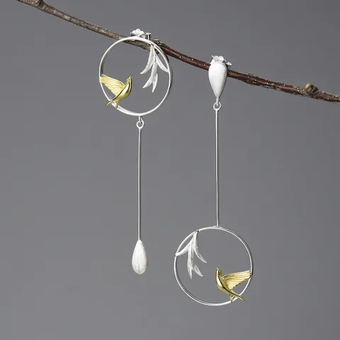 Handmade 925 Sterling Silver Asymmetrical Bird Bamboo Willow Leaf Drop Earrings Bicolor Chinese Style Women Jewelry