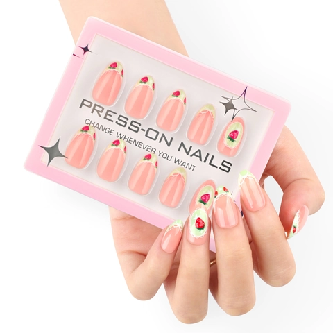 Faux Ongles Press On Amande Courts Style Français Motif Fraise Rose Translucide Frais Artificiels Pour Femmes