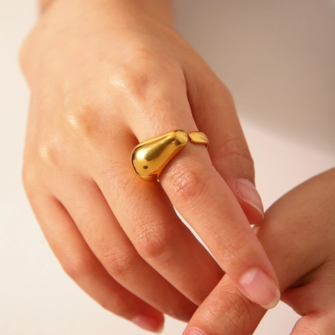Anello Aperto A Goccia Acciaio Inossidabile Placcato Oro 18K Grosso Stile Lava Irregolare Gioielli Minimalisti Regolabili