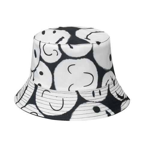 Bucket Hat Polyester Foldable Sun Protection Outdoor Streetwear Smiley Sunflower Printed Hip Hop Fisherman Cap For Unisex