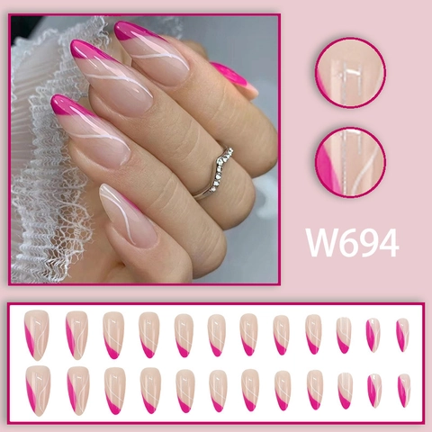Unghie Finte Fuchsia Pink French Tip Forma Mandorla Lucide Linea Ondulata Bianca Decorative Per Donne