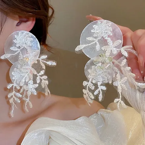 Pendientes De Gota De Flor Blanca Con Encaje Bordado Resina Y Poste De Plata Esterlina 925 Joyería Romántica