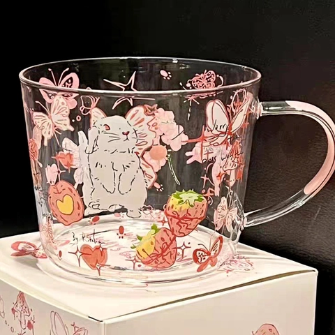 Mug En Verre Borosilicate Résistant À La Chaleur Avec Poignée Et Graduation Motif Lapin Fleur Adapté Au Micro-ondes