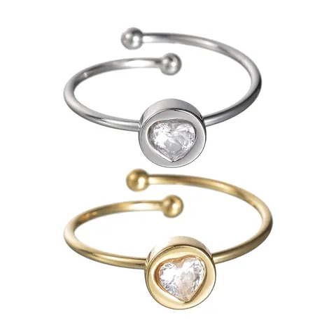 Eenvoudige Hart Zirkoon Open Ring 304 Roestvrij Staal Verstelbare Minimalistische Mode Sieraden Voor Vrouwen