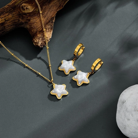 French Style Stainless Steel Star Pendant Necklace Earrings Jewelry Gold Plated Artificial Pearl Accessories For Women