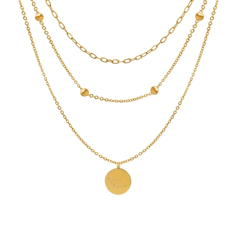 Layered Necklace Stainless Steel 18K Gold Plated Multilayer Coin Pendant Good Luck Inscribed Fashion Jewelry Women