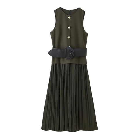 Vestido Midi Plisado Sin Mangas Para Mujer Elegante Cuello Redondo Con Cinturón Botones Cabeza De León Poliéster Color Sólido
