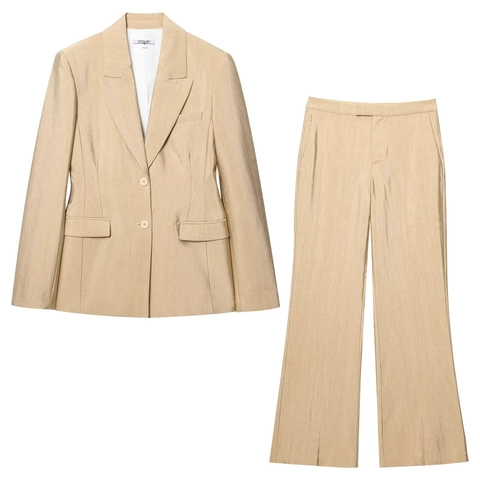 Dames Elegant Champagnegoud Satijnen Blazer En Wijde Broek Zakelijk Pak Ensemble Voor Kantoor Feest Dameskleding