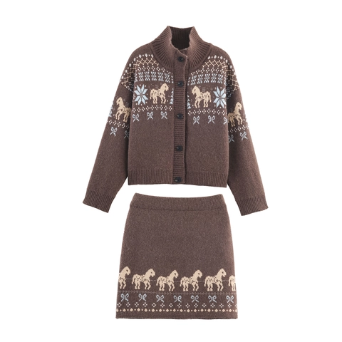 Dames Gebreide Rok Outfits Retro Paard Sneeuwvlok Jacquard Lange Mouwen Knoop Cardigan En Mini Rok Casual Streetwear