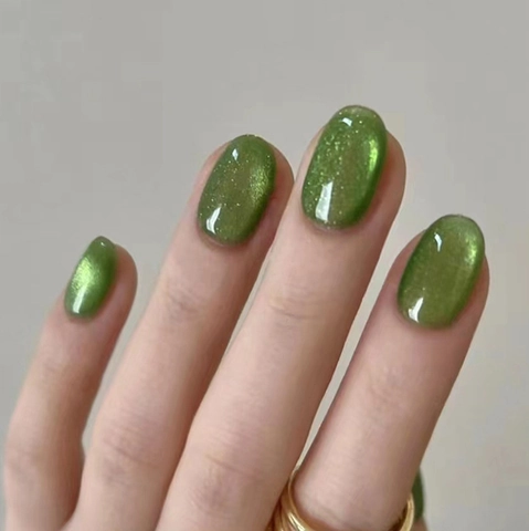 Oval Green Cat Eye Press On Nails Forest Shimmering False Nails For Women Sparkling Manicure Accessories Elegant Ins Style