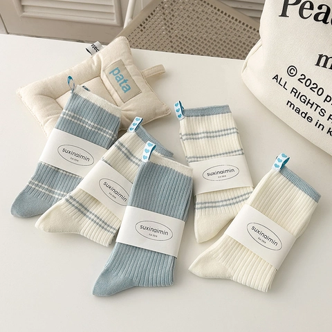 Damen Socken Baumwollmischung Gestreift Gerippt Herz Aufnäher Casual Preppy Stil Weich Atmungsaktiv