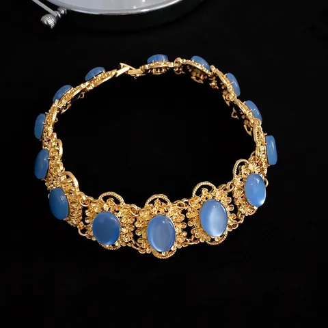 Κολιέ Choker Vintage Palace Style Επιχρυσωμένος Χαλκός Με Μπλε Οβάλ Πέτρες Ρητίνης Κοίλη Γεωμετρική Αλυσίδα Κλείδας Για Γυναίκες