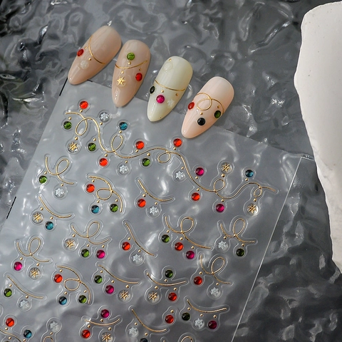 Autocollants Ongles 5D Relief Noël Décoration De Fête Lignes Dorées Gemmes Colorées Flocons De Neige Auto Adhésif Manucure
