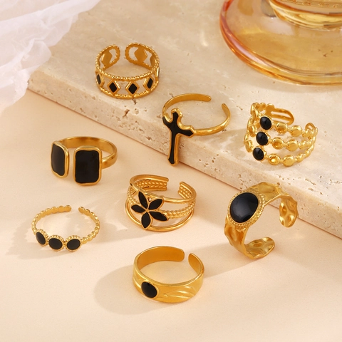 Vintage Ringen Voor Vrouwen 18K Verguld Roestvrij Staal Zwart Emaille Geometrische Verstelbare Open Mode Sieraden