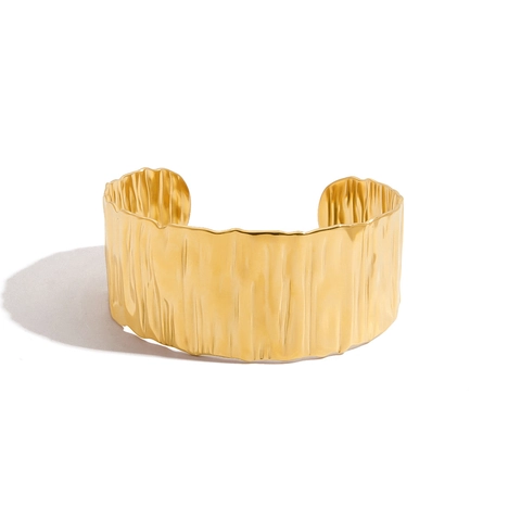 Bracciale A Polsino Largo Texture Increspata Acciaio Inossidabile Placcato Oro 18K Bracciale Aperto Minimalista Design Di Nicchia Gioielli