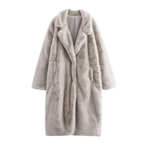Women Long Faux Fur Coat Thick Warm Lapel Long Sleeve Casual Elegant Winter Outerwear Plain Color Fashion