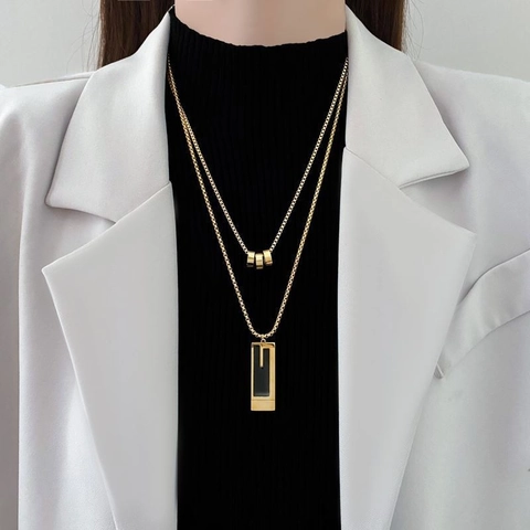 Zweilagige Halskette Titanstahl Geometrischer Rechteckiger Hohlanhänger Zylinderperlen Minimalistischer Schmuck Damen