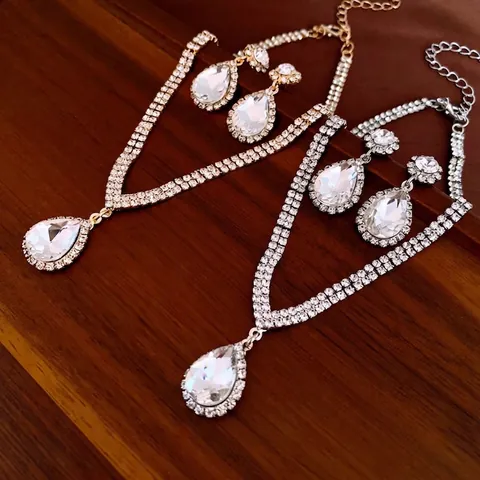 Rhinestone Necklace And Earrings Jewelry Alloy Pear Shaped Water Drop Crystal Pendant Luxury High-End Elegant For Women