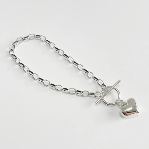 925 Sterling Silver Heart Pendant Bracelet Minimalist Oval Link Chain With Toggle Clasp