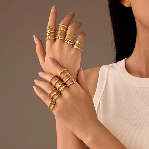 Initialen Buchstaben Offener Ring Kupfer Zirkon 14K Vergoldet Verstellbar Modeschmuck Für Damen