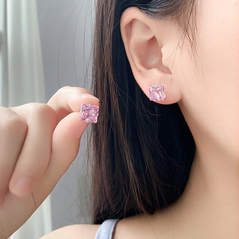 Square Zircon Stud Earrings With 925 Sterling Silver Earring Post Simple Elegant Fashion Jewelry For Women