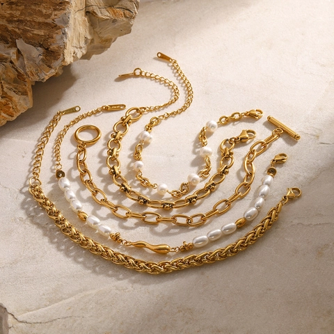 Gold Plated Stainless Steel Artificial Pearl Bracelet For Women Minimalist Link Chain Geometric Layering Jewelry