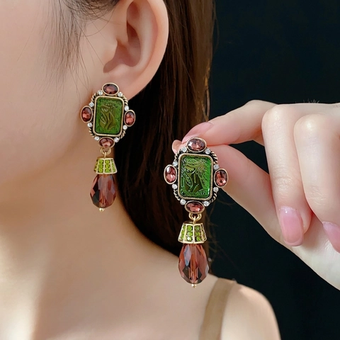 Vintage Baroque Drop Earrings Alloy Glass Rhinestone With Silver Earring Post Geometric Luxury Jewelry For Women