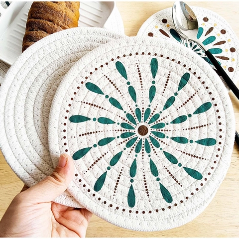 Round Woven Cotton Rope Placemats Bohemian Mandala Printed Heat Resistant Non-Slip Dining Table Mats Coasters