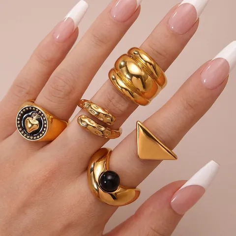 Minimalist Stainless Steel Ring Hammered Texture Geometric Triangle Heart Enamel Tiger Eye Agate Vintage Women Jewelry