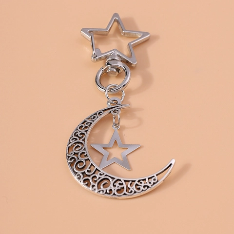 Silber Metall Hohle Mond Und Stern Schlüsselanhänger Für Damen Herren Mode Sichelmond Stern Tasche Anhänger Handy Zubehör