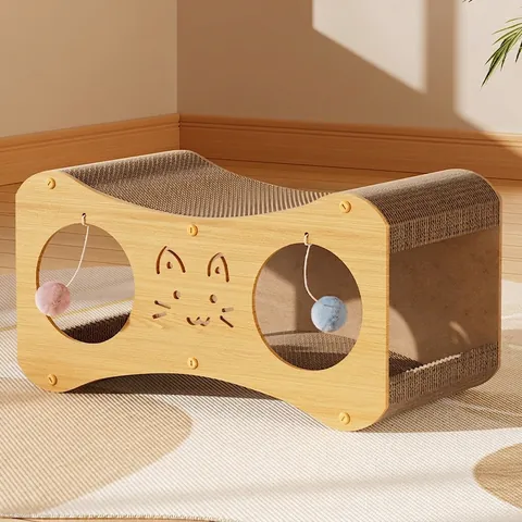 Multi Functional Cat Scratcher House Corrugated Cardboard Wood Double Layer Cat Nest Bed Tunnel With Hanging Balls