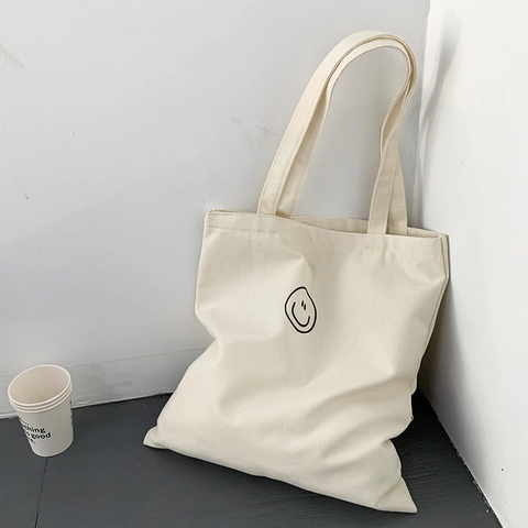 Minimalist Canvas Tote Bag Large Capacity Smile Face Print Zipper Casual Shoulder Handbag For Women Student