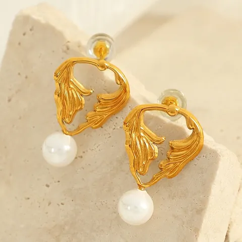 Gioielli Collana E Orecchini In Acciaio Inossidabile Con Perla Di Vetro Bianca Design A Foglia Alata Svuotata Stile Francese Elegante Donna