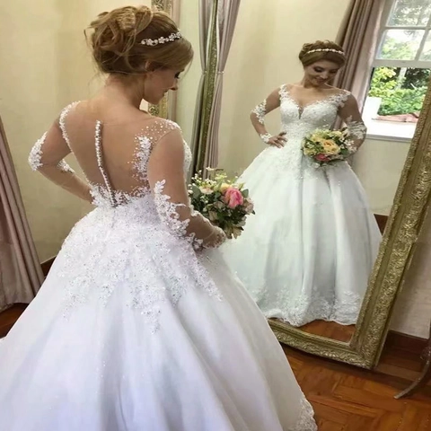 Elegant Lace Long Sleeve Wedding Dress V-Neck Open Back Tulle Appliques Bride Gown Small Train