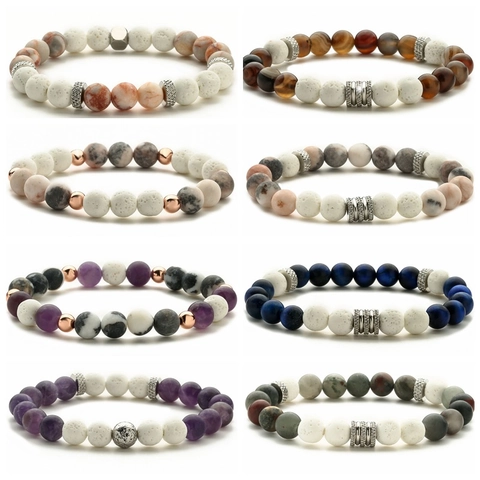 Natural Stone Beaded Bracelet Lava Rock Amethyst Tiger Eye Elastic Yoga Healing Jewelry For Men Women
