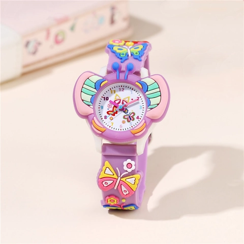 Orologio Analogico Al Quarzo Per Bambini Con Decorazioni A Farfalla Cinturino In Silicone Colorato Cassa Rotonda Per Ragazze