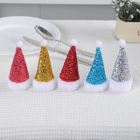 Christmas Mini Santa Hat Cutlery Holder Sequin Plush Silverware Pockets Festive Table Decorations Holiday Party Dinner Favors