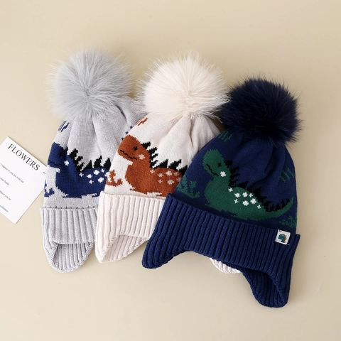 Winter Kids Knitted Beanie Hat Dinosaur Pattern Fleece Lined Ear Protection Warm Toddler Boys Acrylic Pompom