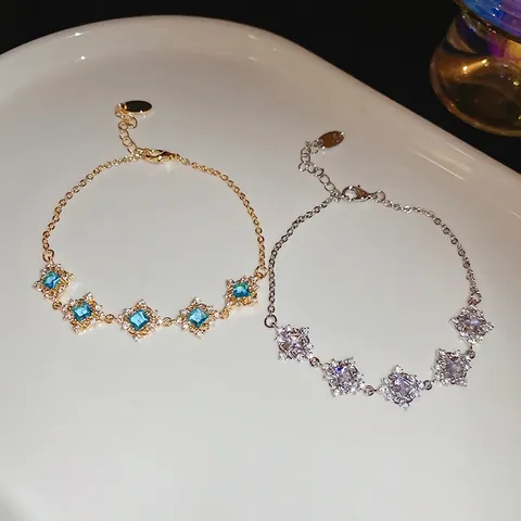 Geometric Square Blue White Zircon Copper Bracelet For Women Luxury Palace Style Adjustable Fashion Jewelry