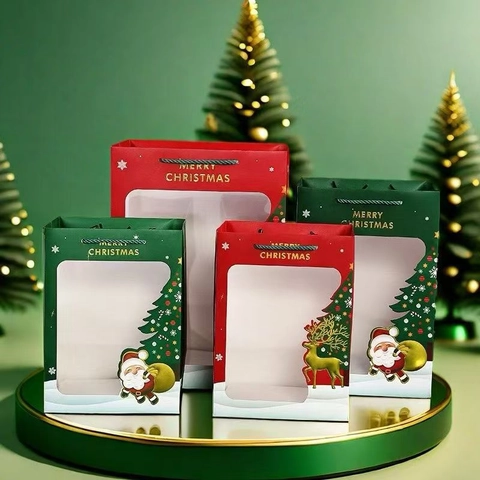 Christmas Gift Bag White Cardboard With Clear Window And Handle For Holiday Presents Santa Claus Reindeer Patterns