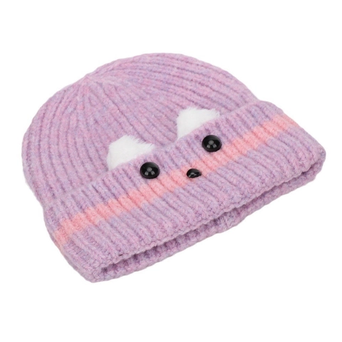 Cartoon Animal Dog Face Beanie Hat Knitted Acrylic Striped Warm Windproof Winter Outdoor Headwear For Women Girls