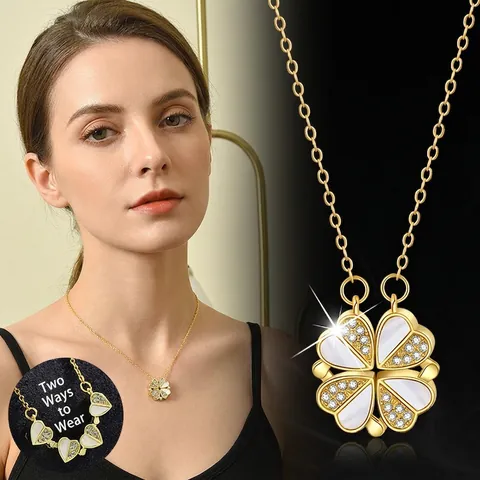 Collana Quadrifoglio Acciaio Al Titanio Magnetico Pieghevole Forma Di Cuore Madreperla Zirconi Elegante Catena Di Clavicola Donne