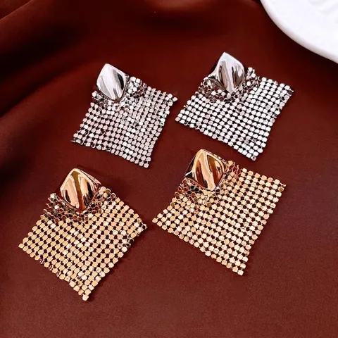 Pendientes De Botón Geométricos Rombos Vintage Cobre Chapado En Oro 18K Malla Metálica Borla Joyería Mujer Con Poste De Plata
