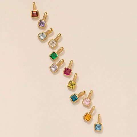 Stainless Steel 12 Birthstones Square Pendant Necklace For Women Colorful Rhinestone Geometric Choker Daily Fashion Jewelry Gift
