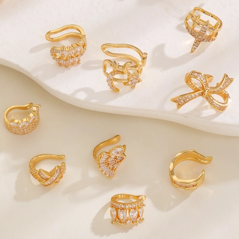 Luxus Kupfer Zirkonia Ohrklemmen Für Damen Ohne Piercing Stern Mond Schmetterling Ginkgoblatt Gold Ohrknochen Clips Schmuck